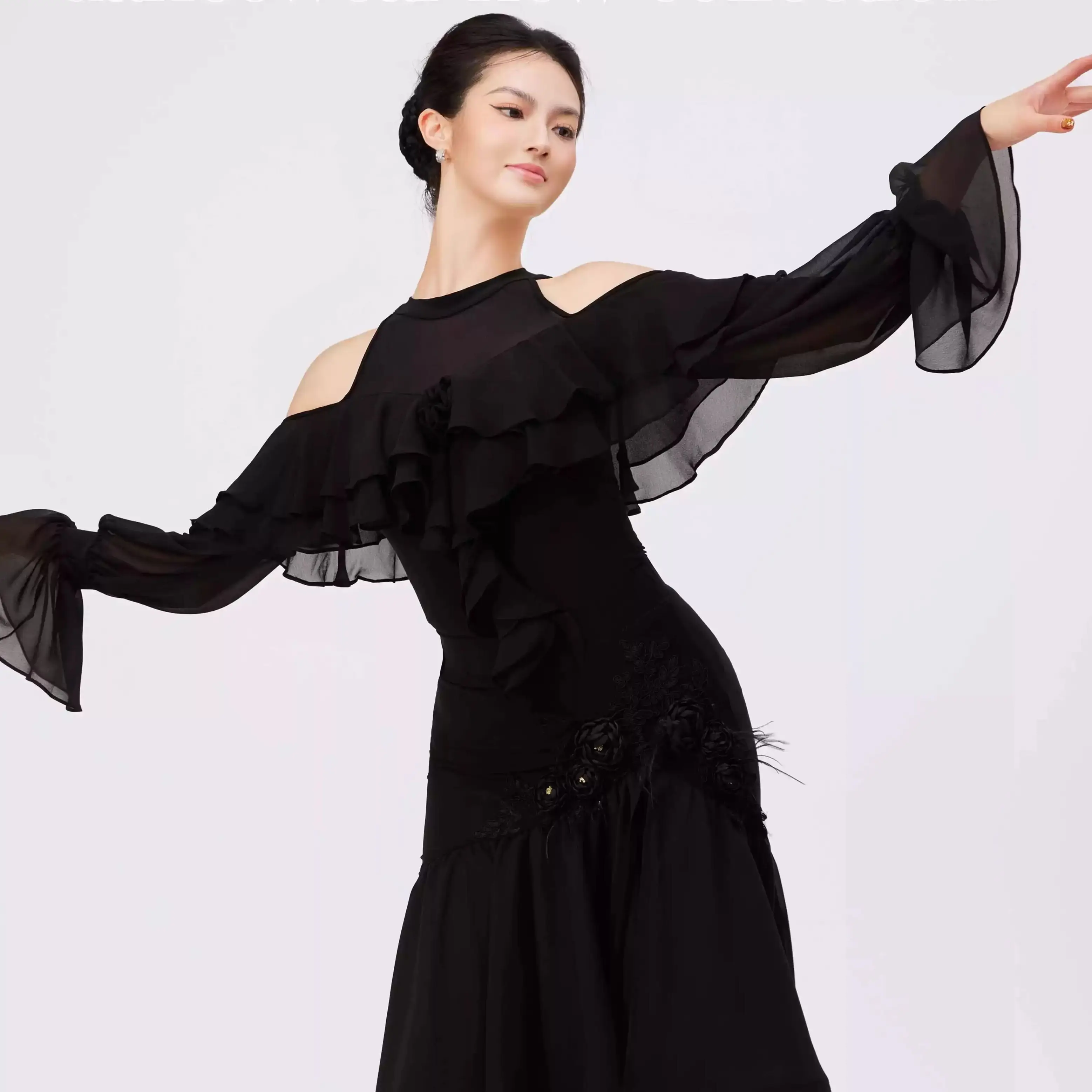 2025 女性オフショルダーメッシュジャンプスーツダンス衣装モダンダンス服チャチャタンゴラテン社交ダンス服 DN21915