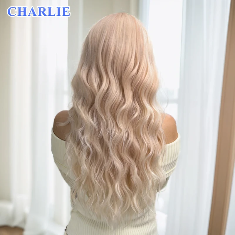 Perruque Lace Front Synthétique Blonde Longue et Ondulée avec Longue Frange pour Femme, Cheveux de Cosplay Haute Densité pour 03