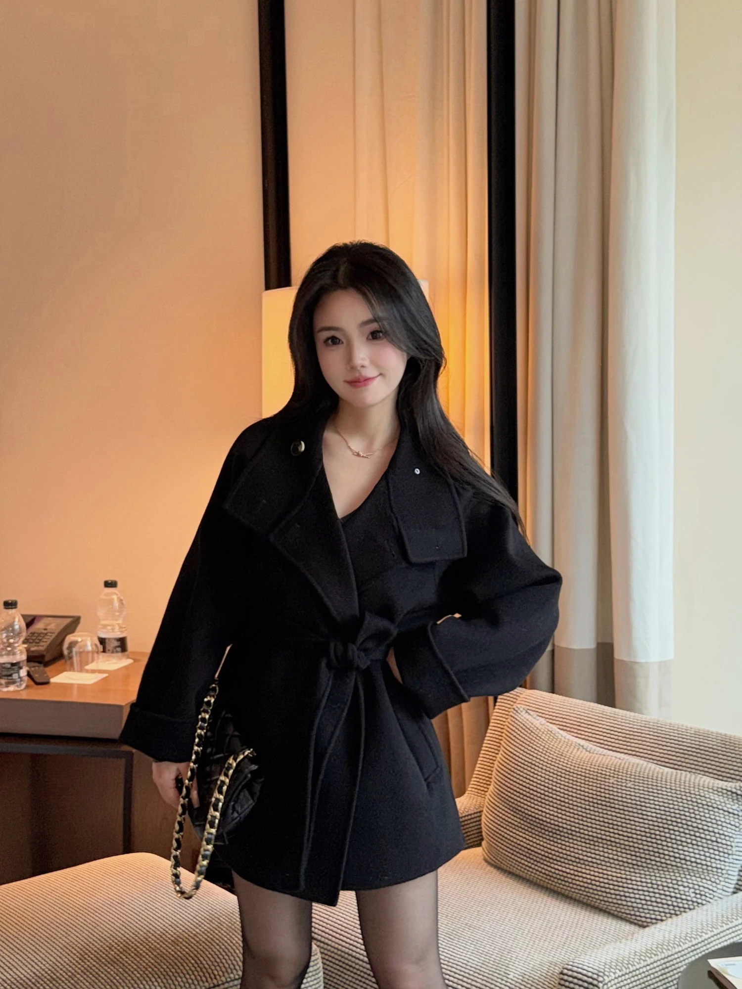 

Double-Faced Woolen ort Coat Stand Collar Bla Lamb Wool Women's Jaet High-End Double-Sided Tweed Winter Outerwear