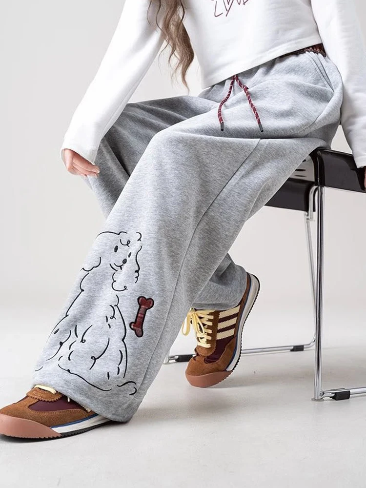 韓国スポーツ子犬刺繍ワイドレッグパンツ女性パッチワーク甘い初秋ズボン原宿ルーズカジュアルレースアップパンツ