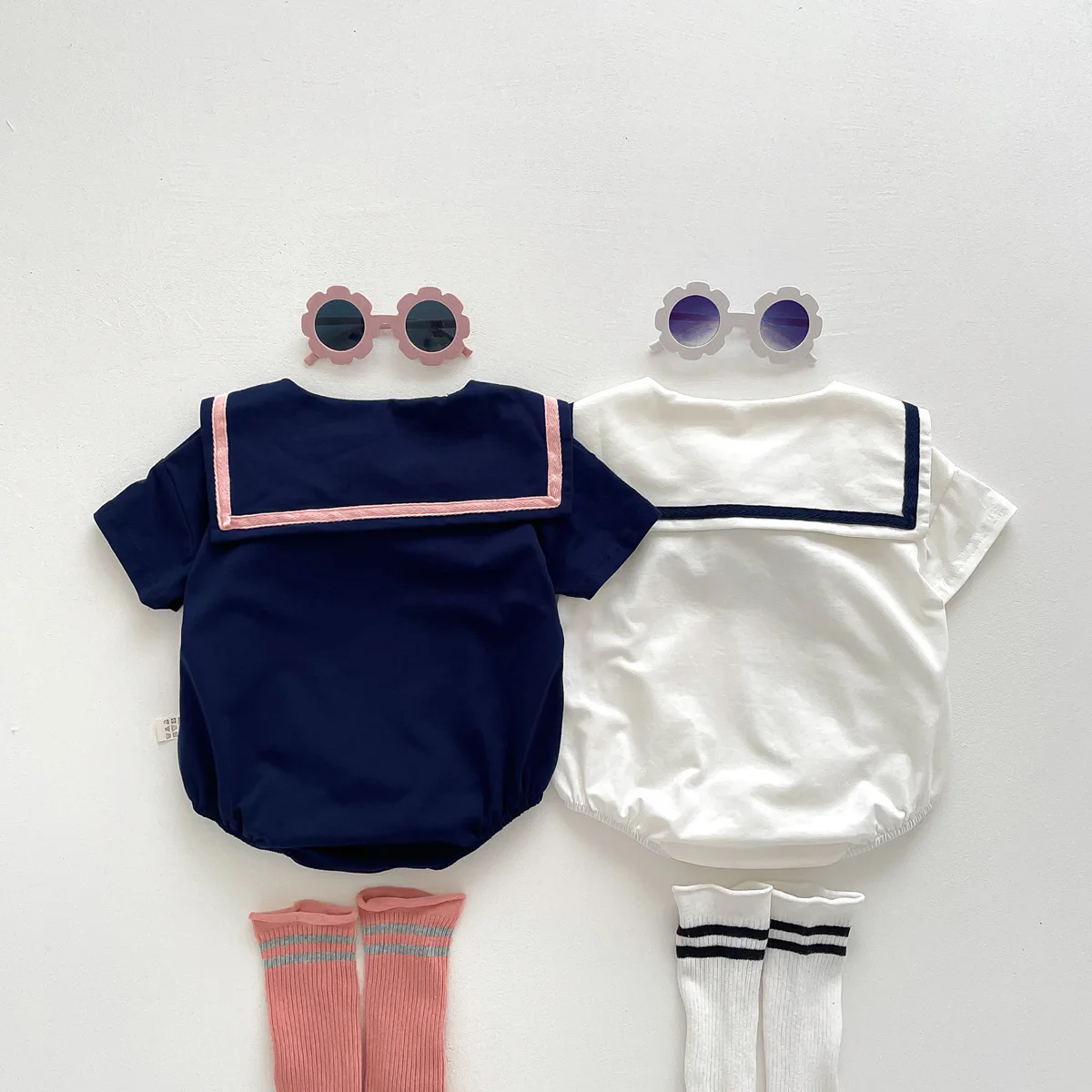 2023 New Arrival: Newborn Baby Girls Color-Block Sailor Collar BOW BodysuitsBow - Perfect Summer Outdoor Clothes for Infant&Kid