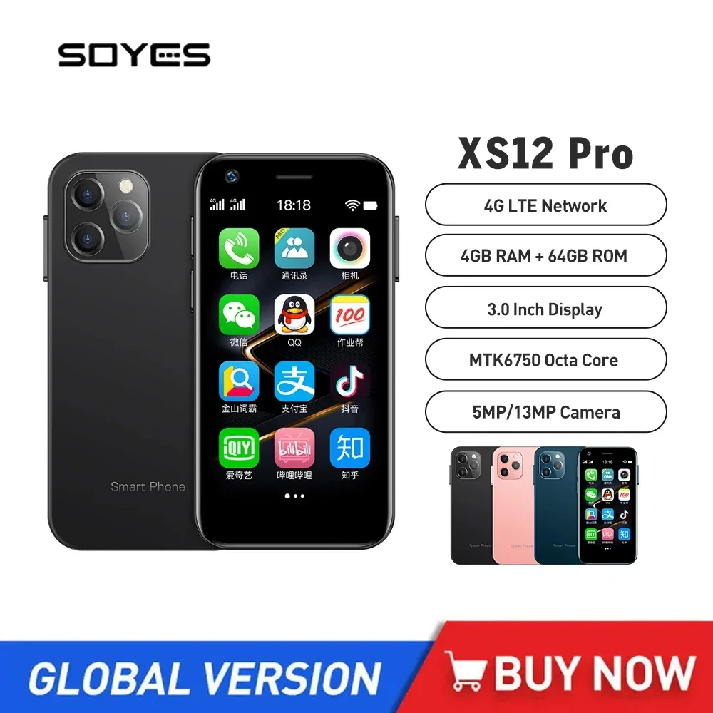 SOYES-XS12 برو هاتف ذكي صغير ، أندرويد 10.0 ، تناظري مزدوج ، 4GB RAM ، 64GB ROM ، واي فاي ، بلوتوث ، OTG ، FM ، هوت سبوت ، نظام تحديد المواقع ، هاتف محمول صغير 4G