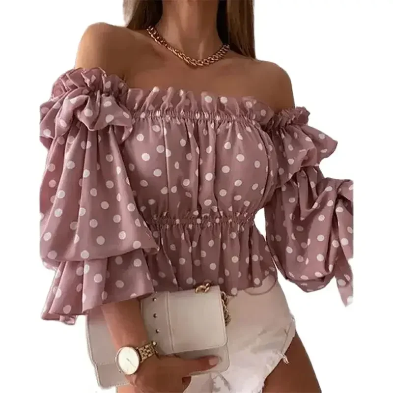 

Fashion Print Ruffle Half Sleeve Shirt Women Casual Commuter Slim Fit Blouse Female One-line Neck Pullover Off The Shoulder Tops