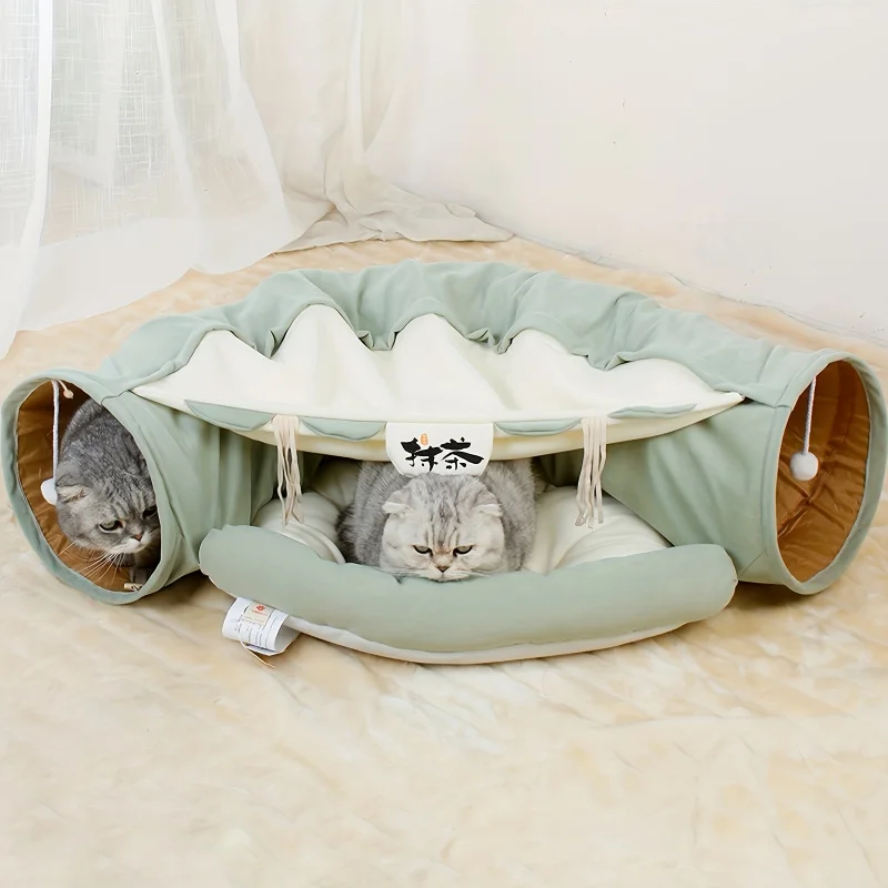 Foldable Cat Tunnel with Washable Bed - Perfect Indoor Cat Toy for Small and Medium Cats