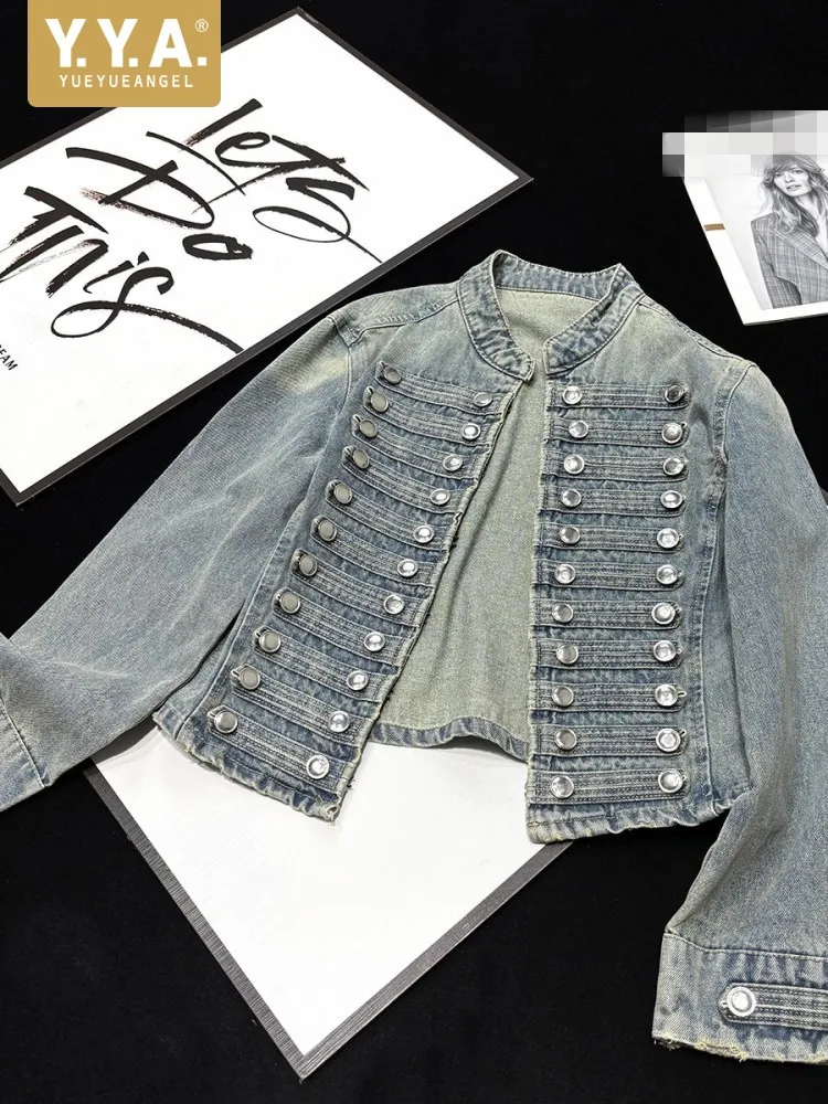 Vintage Casual Denim Jacket Women Stand Collar Designer Short Coat Streetwear Long Sleeve Spring Autumn Female Slim Outerwear