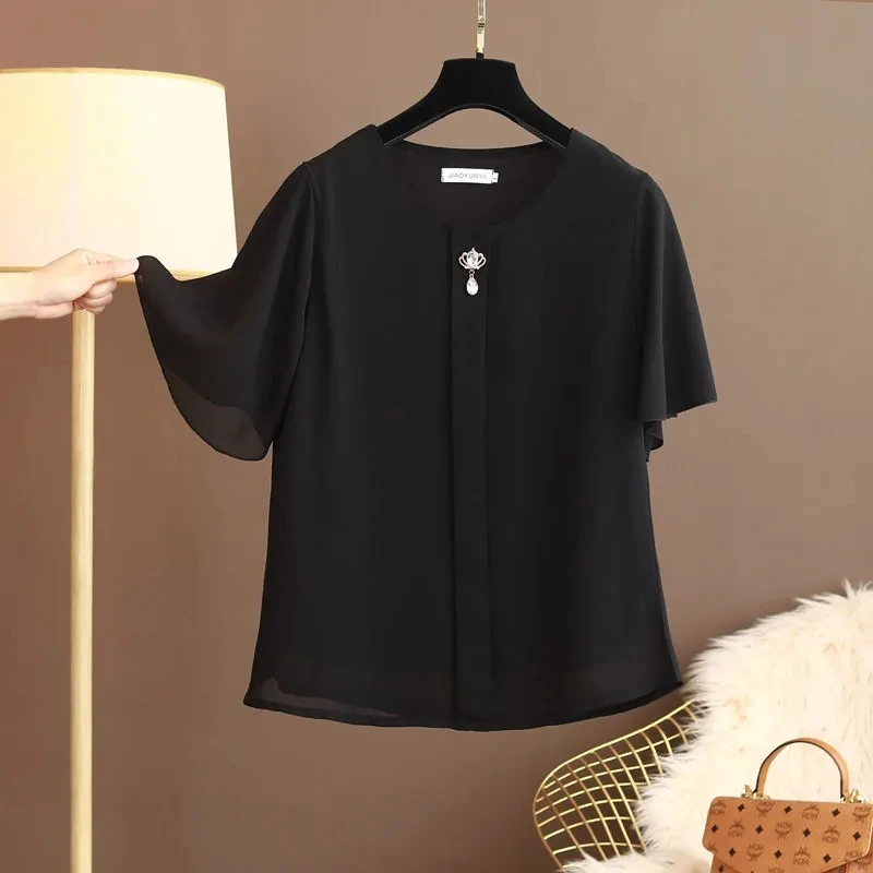 Women Blouse And Tops Summer Short Sleeve Chiffon T-shirt Middle Age Female Fashion Pullover Tshirts Shirts Large Size L-6XL
