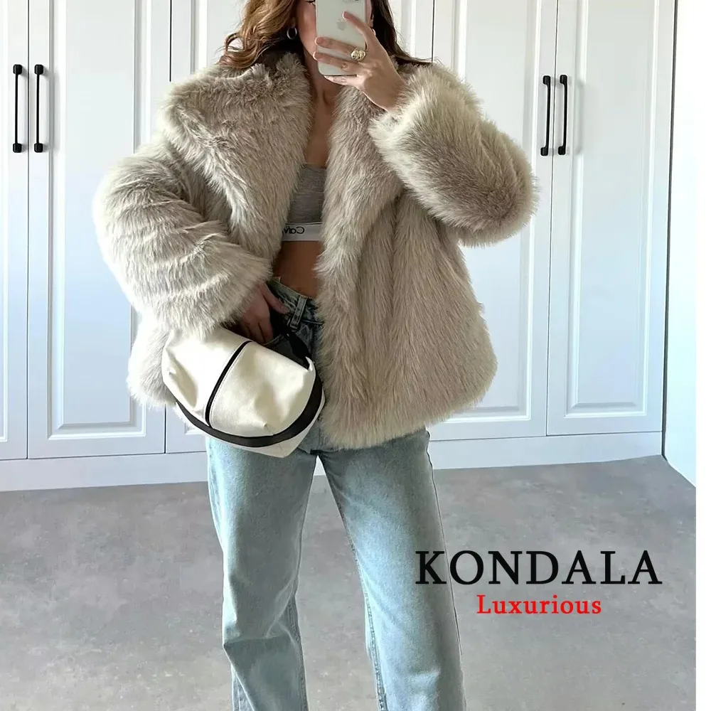 KONDALA Solid Claret Faux Fur Jackets Women Coats Thick Warm Soft Cropped Jakcets Vintage 2025 Long Sleeve Winter Coat Outwears