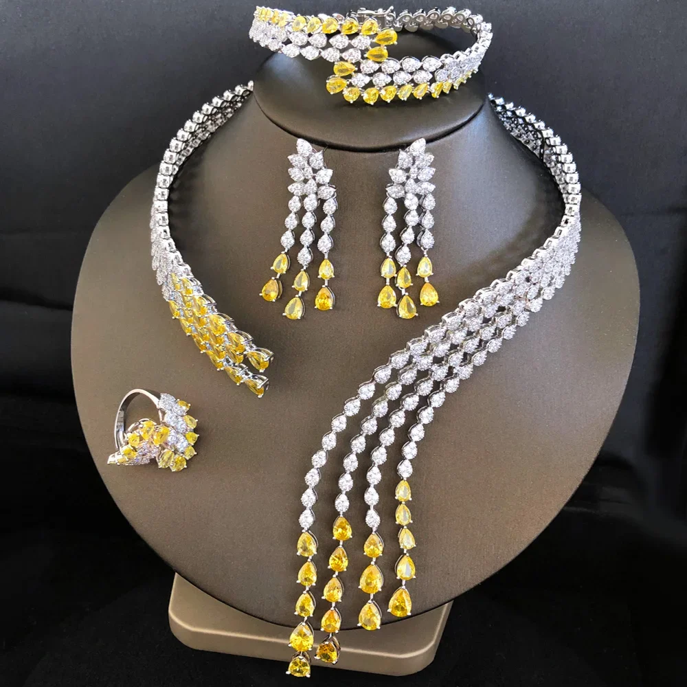 Trendy 4PCS Luxury Turquoise Statement Jewelry Sets For Women Wedding Cubic Zircon Indian African Dubai Bridal Necklace