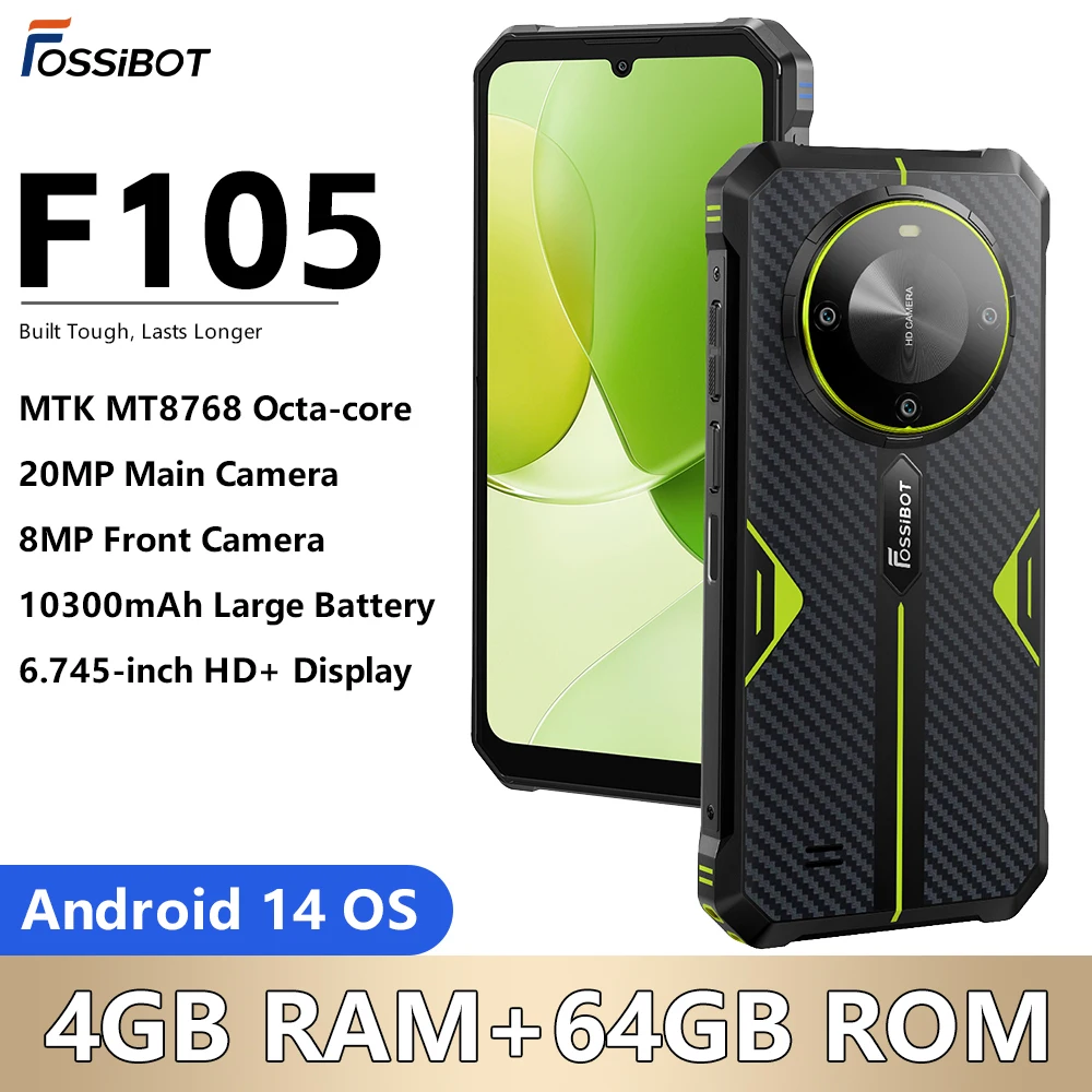 

FOSSIBOT F105 Rugged Android 14 Smartphone 6.75-inch HD+ 10300mAh Battery 4GB RAM+64GB ROM MTK MT8768 20MP+8MP Camera Cellphone