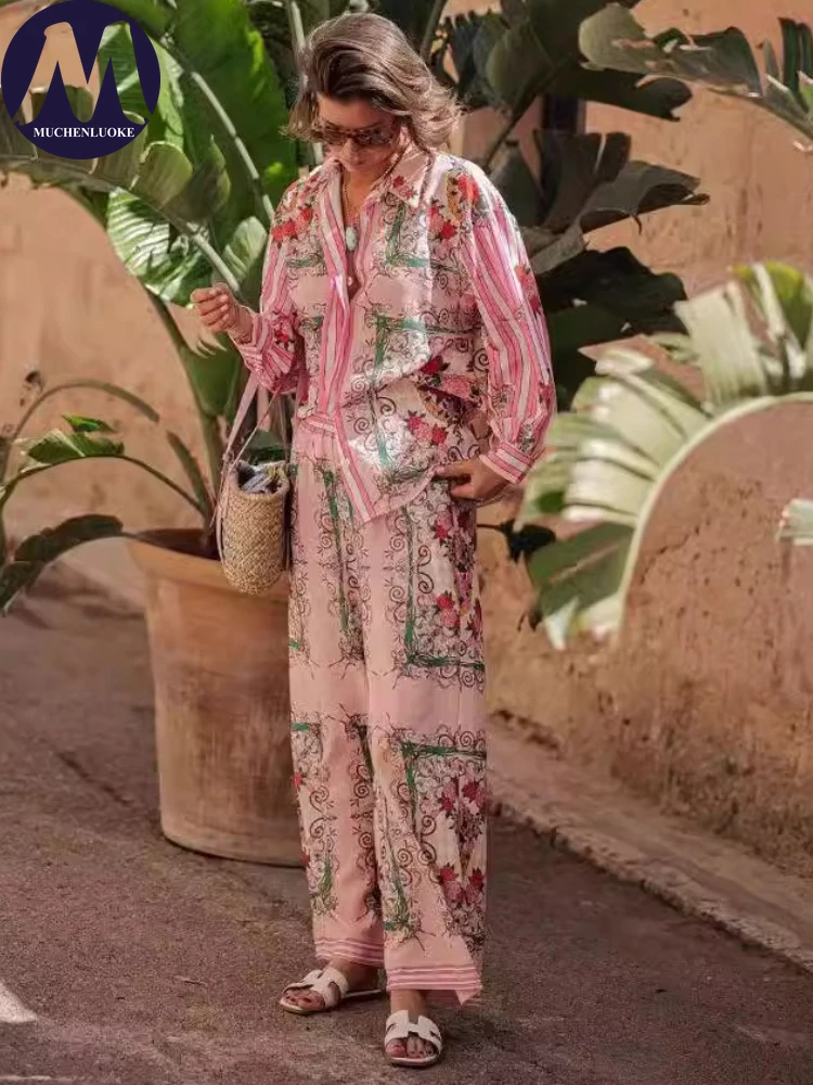 

2 Pieces Set for Woman Summer Elegant Versatile Printed Long Sleeves Shirt Suits Fashionable Casual Loose Wide Leg Pants Sets