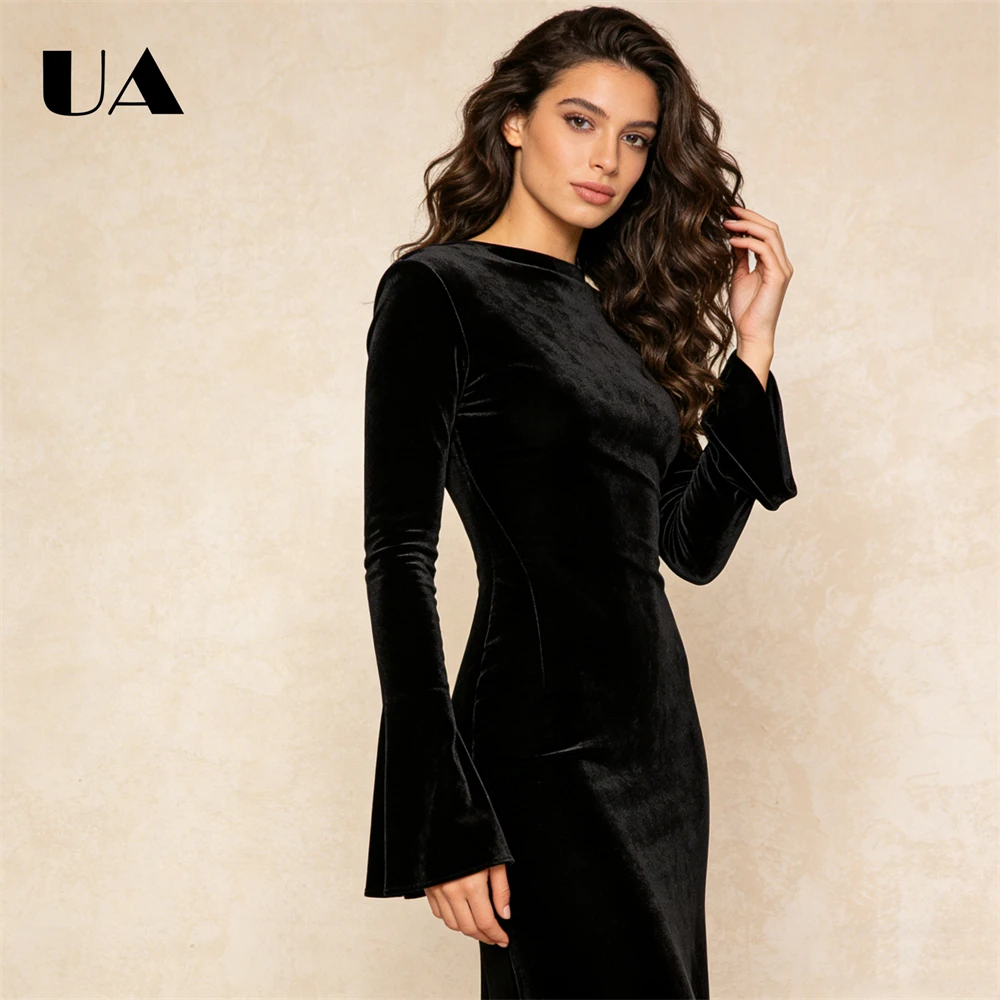 فستان نسائي أسود مخملي بأكمام طويلة: رقبة دائرية، صورة ظلية على شكل ذيل حورية البحر - فستان رسمي فاخر لحفلات الزفاف