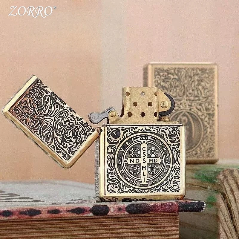 ZORRO 912  Heavy Duty Armor Brass/Titanium Windproof Kerosen e Lighter; 3/5 Hinged Metal  Lighter Men's Gift 150G
