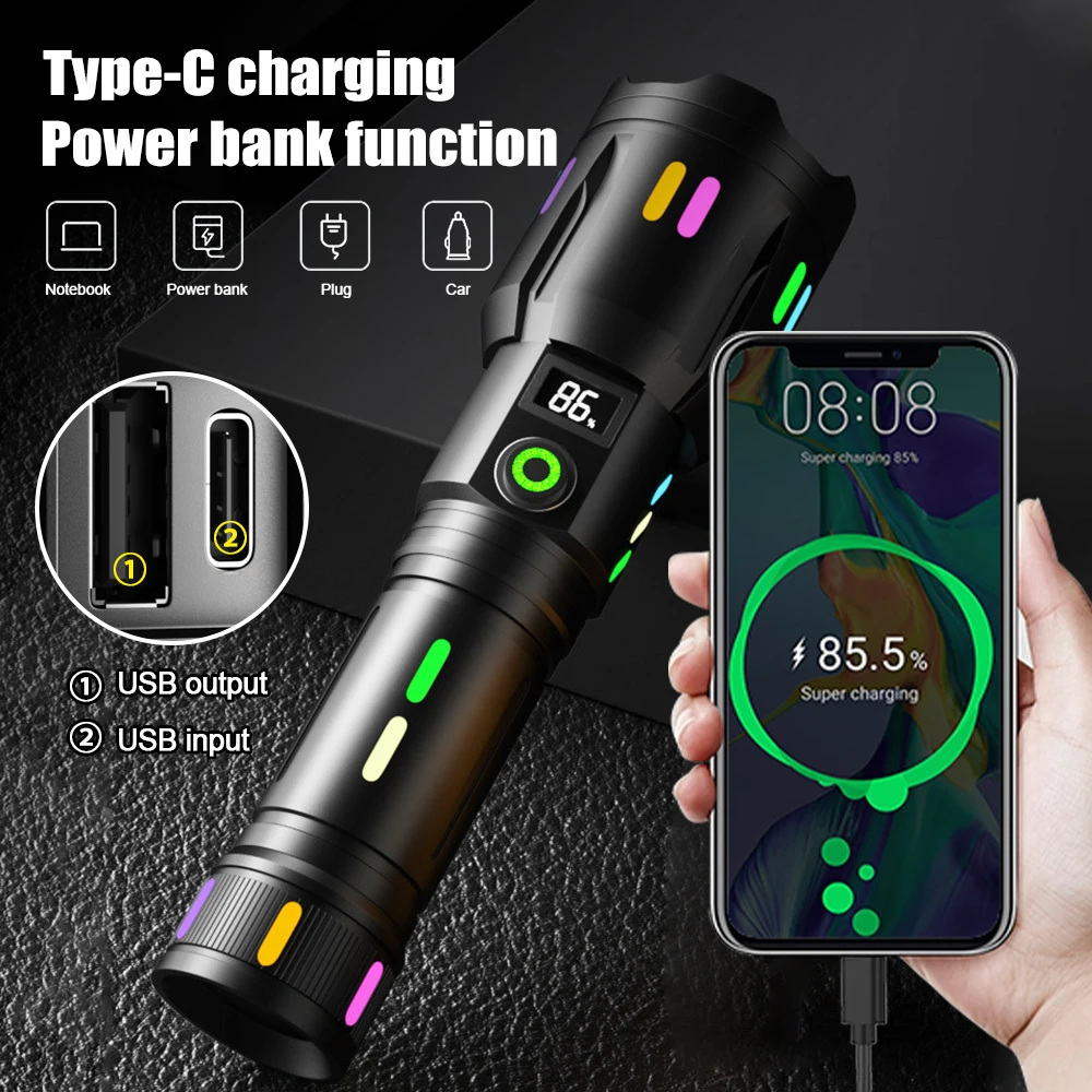 1400LM 500 Meter Long-Range White Laser Flashlight TYPE-C Rechargeable Camping Torch Military Tactical Zoomable Search Spotlight