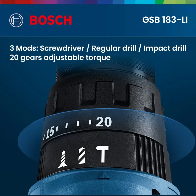 BOSCH GSB183 Electric Drill Screwdriver Impact Drill 18V Li-battery 20 Gears Adjustment 2-Speed Power Tools for Wood Steel Stone