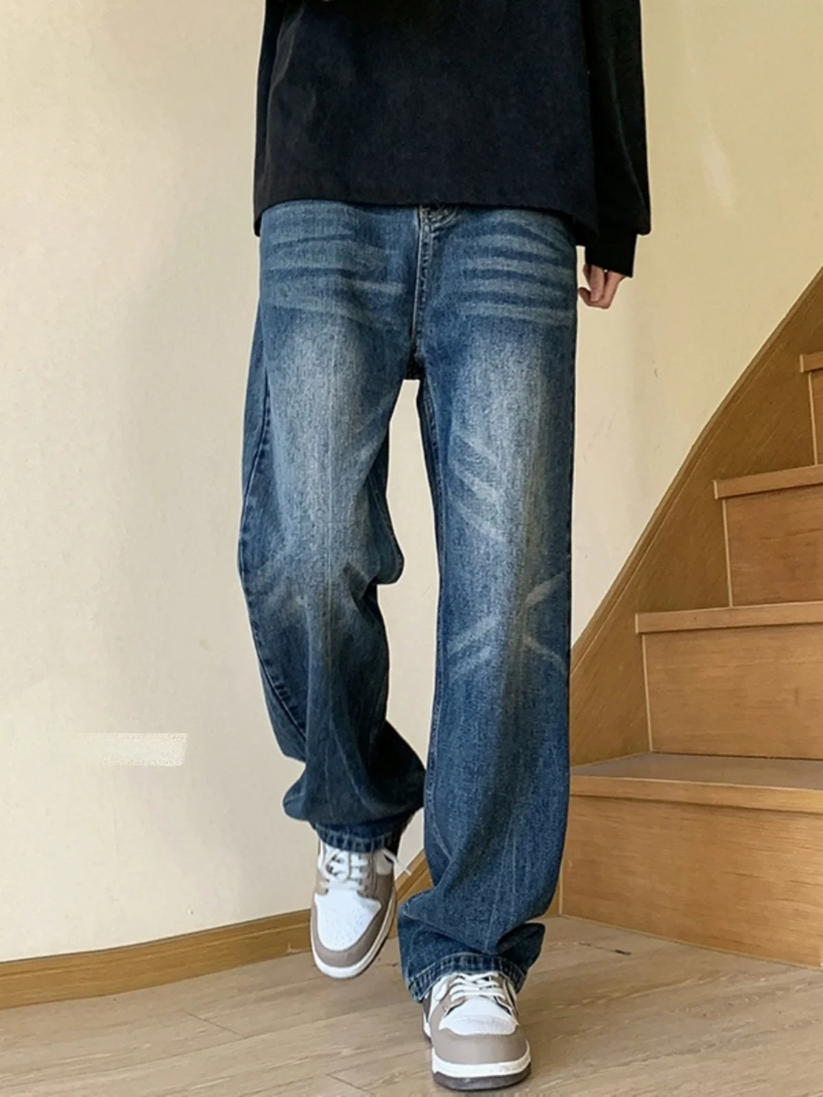 

Washed American Vintage Men's Jeans Spring Autumn Trendy Elastic Loose Wide Leg Pants Straight Tube Jeans Youth Wear