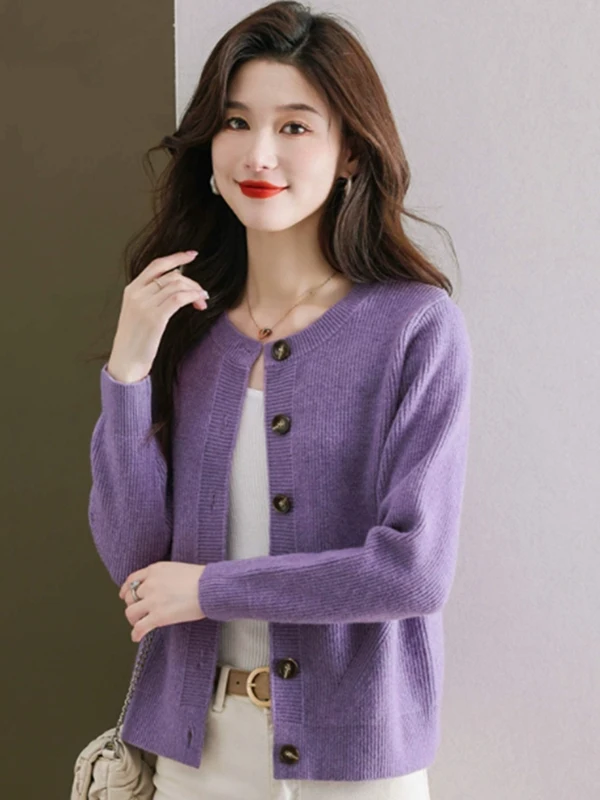 春秋ウールニットオープンカーディガンまたはアウターウェア女性用ファション通勤スリムフィットロングスリーブシングルボタンポリエステル...