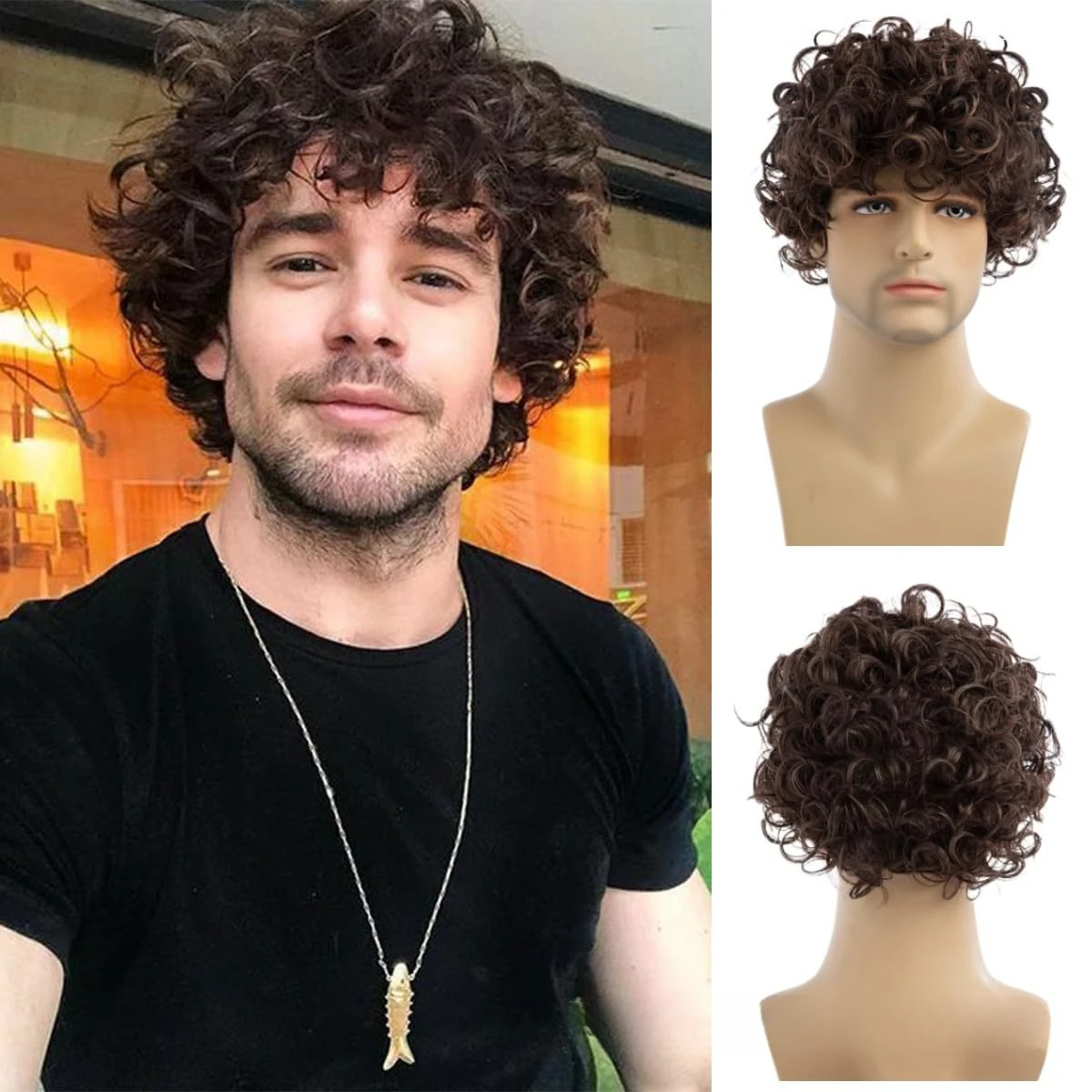 

Men's Short Wig - Brown Short Curly Hair, Teddy Curl, Synthetic High-Temperature Fiber Wig for Daily Wear