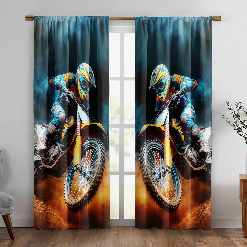 Motocross Curtain, Dirt Bike Rider Print Drapes, Extreme Sports Window Curtains, Boys Room Bedroom Decor