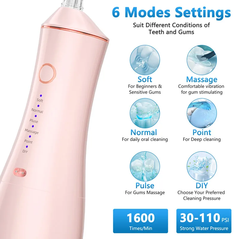 قابلة للشحن أداة ري الفم لطب الأسنان جهاز تنظيف الأسنان بالماء 6 طرق العمل 320 مللي خزان المياه عمر البطارية الطويل تبييض خيط مائي للاسنان