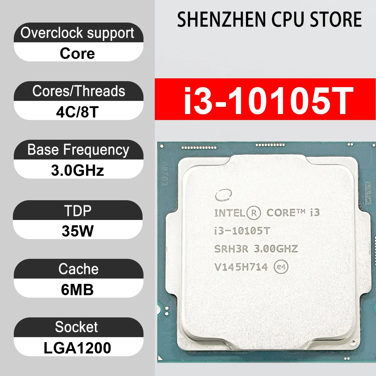 Intel Core i3-10105T 4 Core 8 Thread 3.0GHz 35W 6MB Cache 14nm Comet Lake-S DDR4-2666 MHz SRJ4D LGA1200 UHD Graphics 630