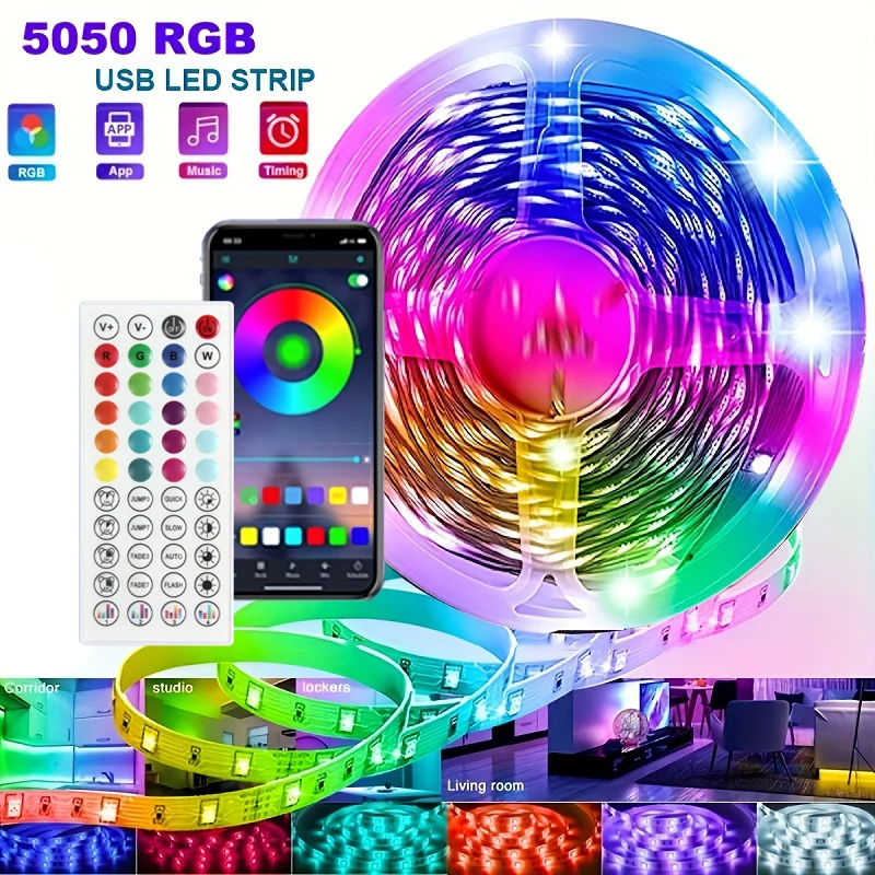 45M(3 Rolls Of 15M) RGB LED Strip Lights Bluetooth Music Sync USB Color Change Smart Remote Control & APP Control For Home Decor