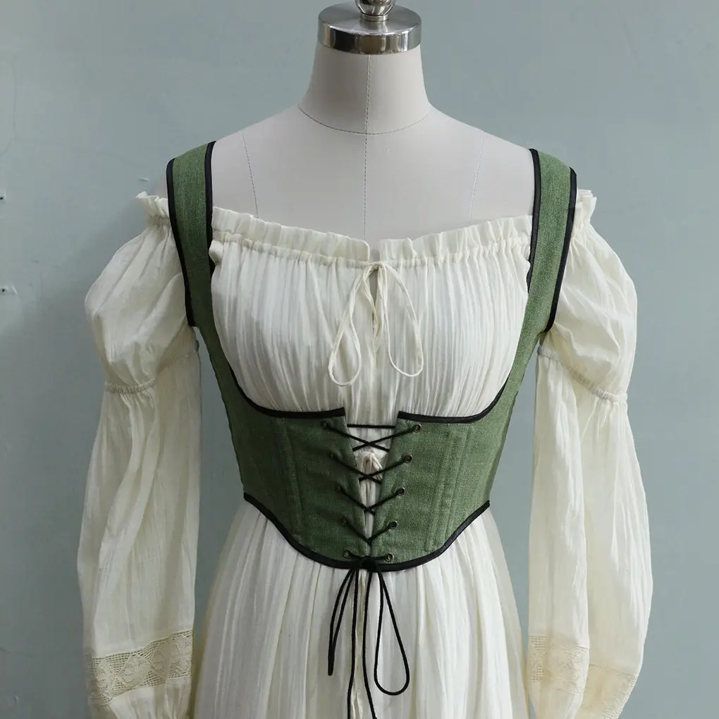 80-96cm Bust Boned Corsets Tops Women Vintage Versatile Green Linen Boned Corset Top Push-Up Everyday Style Boned Bodice