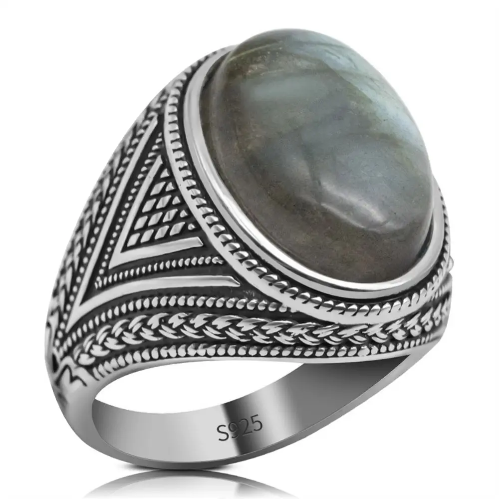 Wholesale Real 925 Sterling Silver Rings Turkish Silver Rings With Natural Labradorite Stones Men