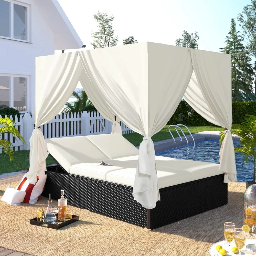 Leżak na patio na świeżym powietrzu, łóżko z baldachimem na patio z wysuwanym baldachimem, rattanowy leżak Patio Loveseat Sofa Set