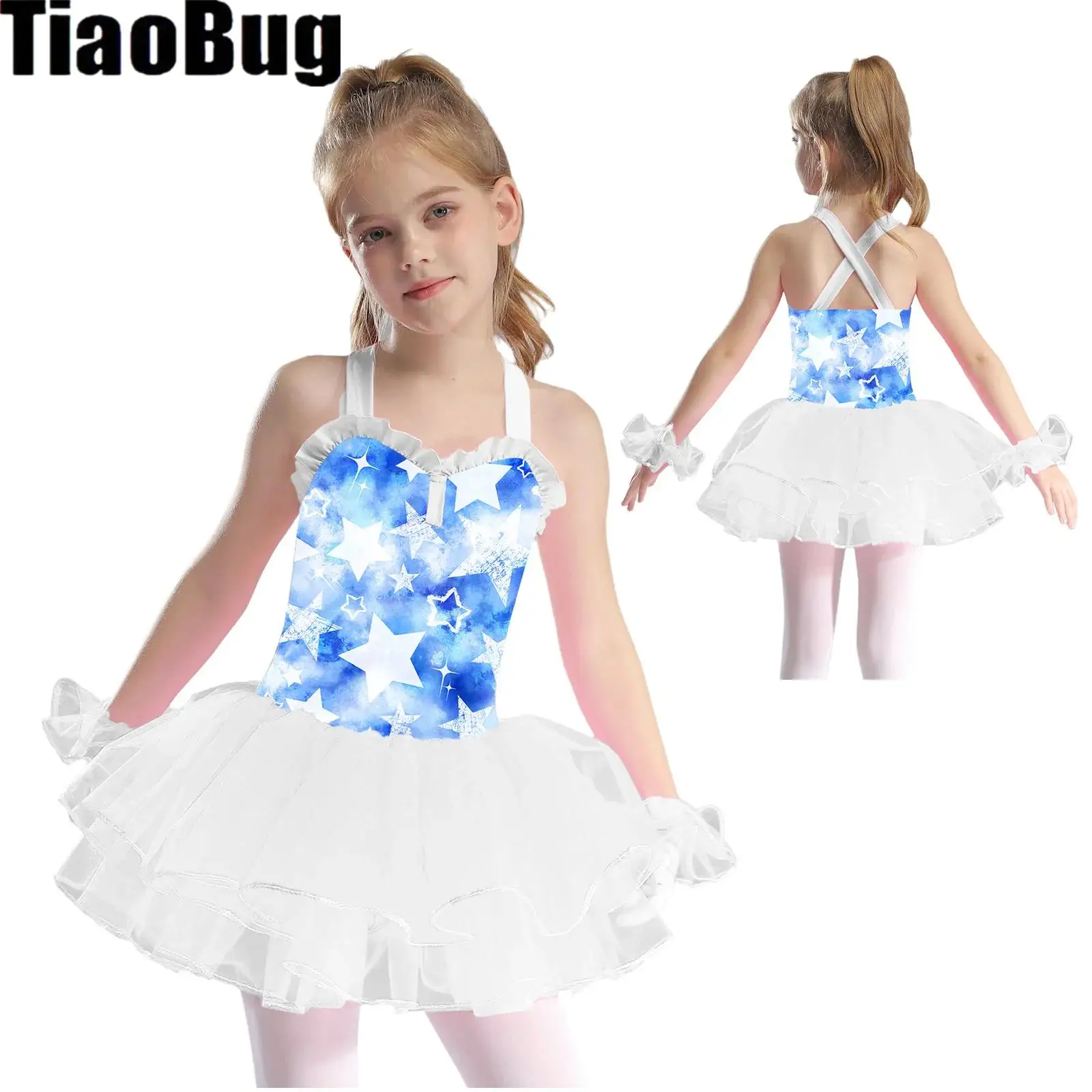 Kids Girls Tutu Skirted Dress Dance Leotard Colorful Print Sleeveless Sequins Mesh Tutu Dance Dress with Arm Sleeve