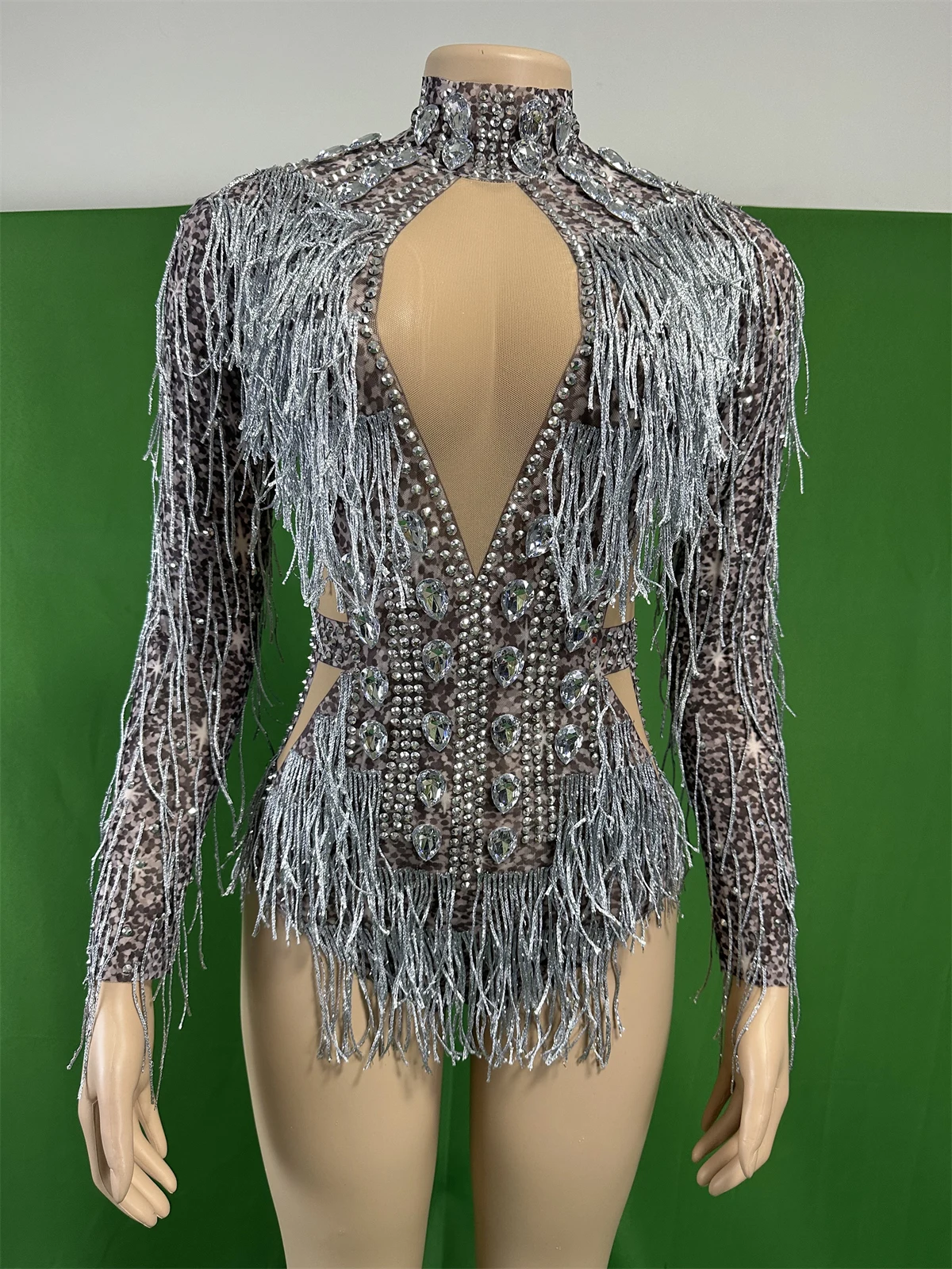 

Silver Gray Mesh Sheer Stretch Rhinestone Fringe Bodysuits For Women Salsa Jazz Latin Dancing Drag Queen Costume 2024 Pole Club