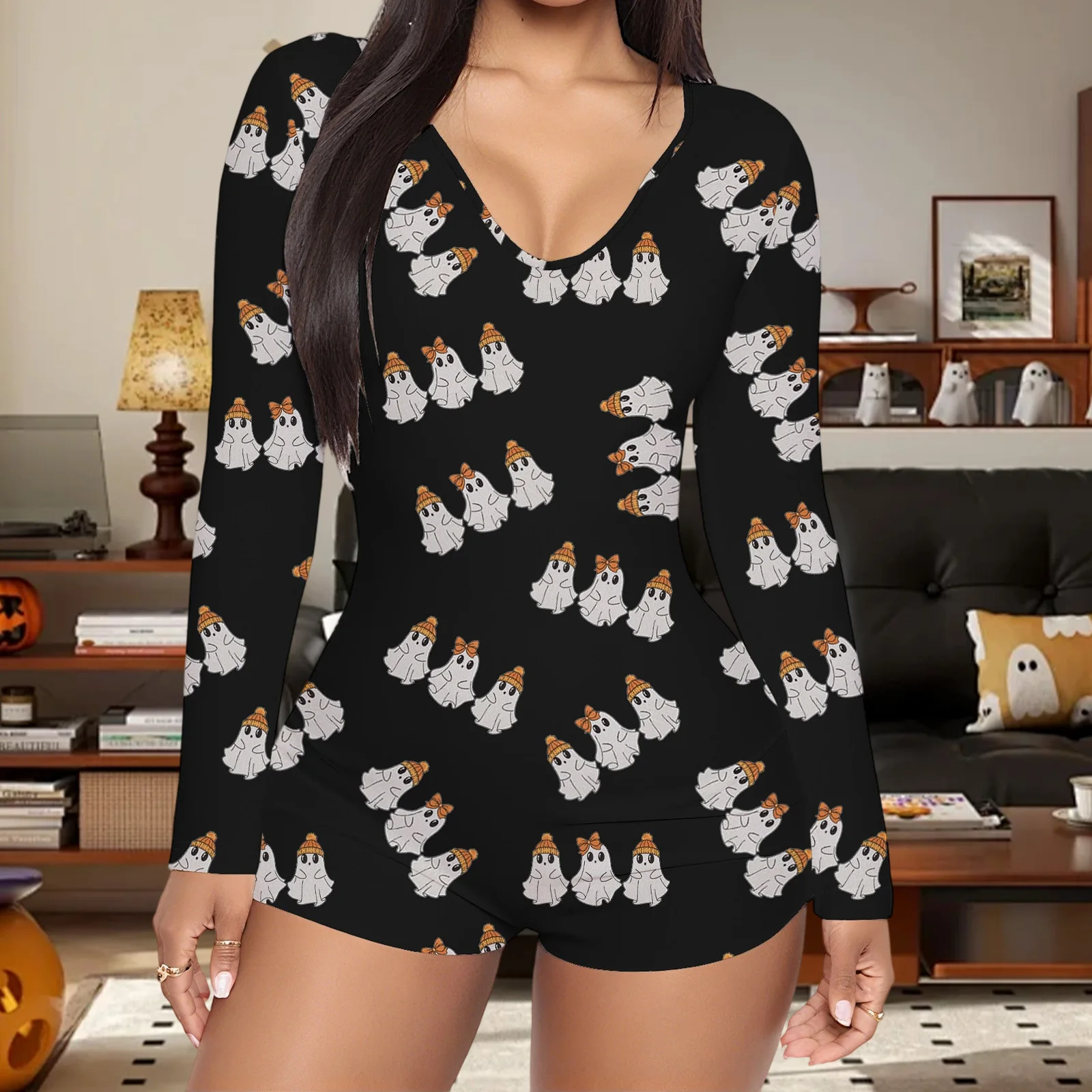 

Halloween Women's Long Sleeve Jumpsuit V Neck Ghost Letters Grimace Print Slim Fit Bodysuit Loungewear Sleepwear