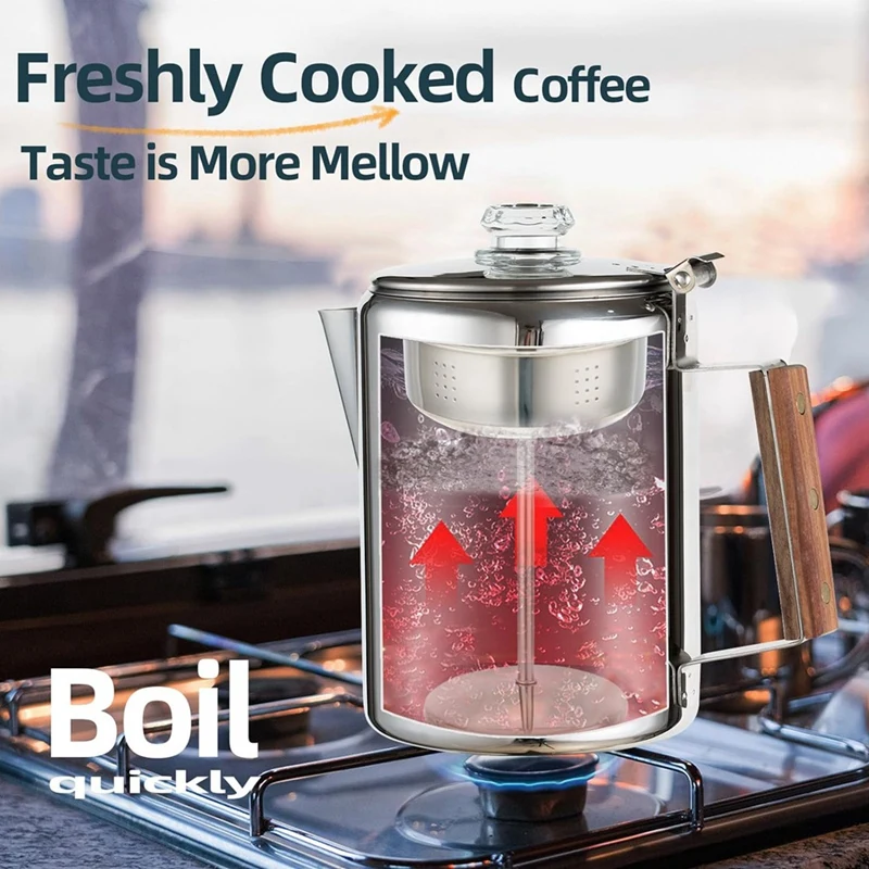 Coffee Pot Stovetop Coffee Maker Percolator Campfire Coffee Pot Stainless Steel Coffee Pot Camping Outdoors Home 12 Cup-A14I