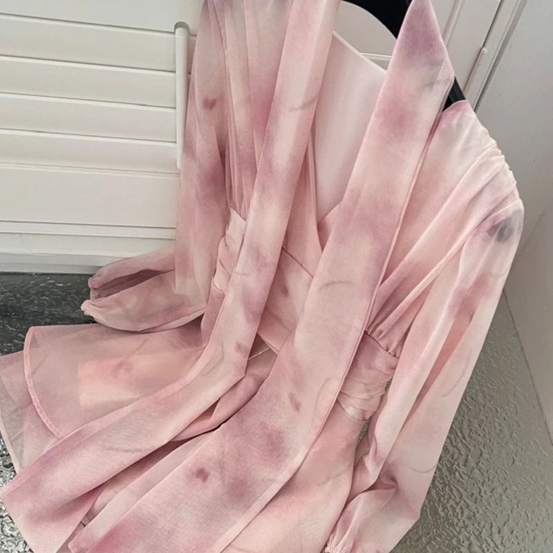 الوردي الحلو المرأة الخامس الرقبة الجنية فستان قصير أنيق أنيق الأزهار طباعة طويلة الأكمام الإناث الصيف جديد حفلة الجمالية فستان من الشيفون #5