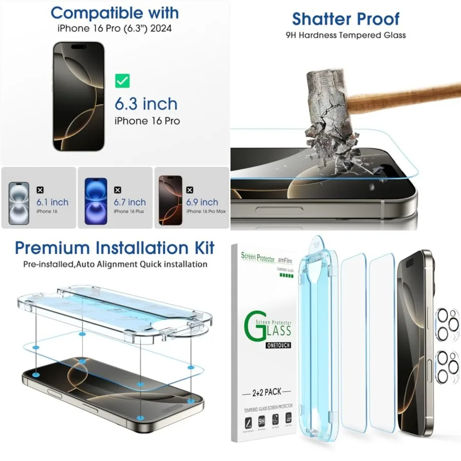 

Auto-Alignment OneTouch for iPhone 16 Pro [6.3''] Screen Protector + Camera Lens Protector, Tempered Glass, 30 seconds Installa