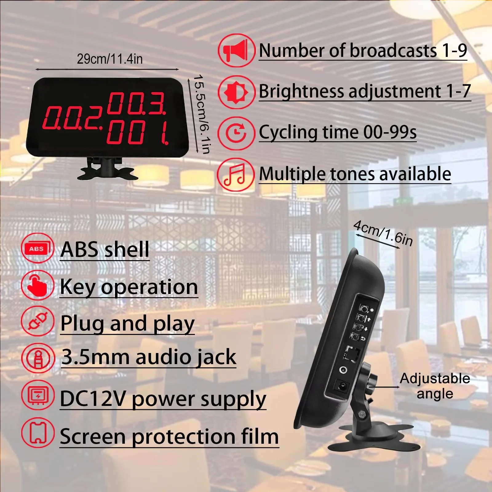 Ycall KOQI Restaurant Waiter Call System 3-Digit Number Display Host Receiver 10 Hookah Call Bell Button Voice Monitoring Pager