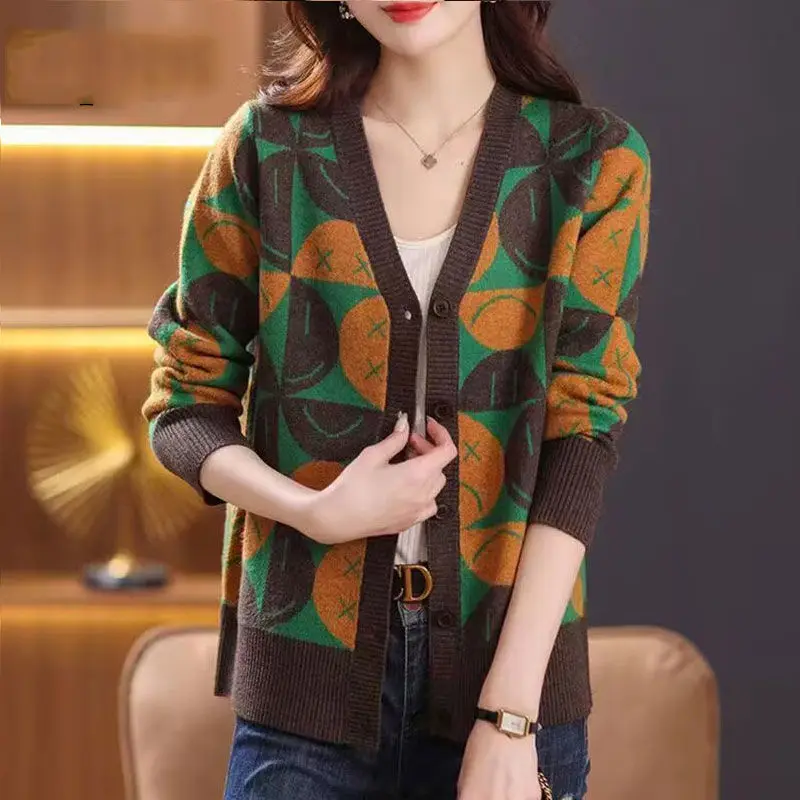 2024 Ladies New Knitting Cardigan Autumn Winter V-neck Long Sleeve Cartoon Sweater Coat Women Clothes Fashion Plaid Slim Top Tee