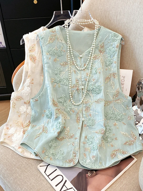 

Новый китайский летний тонкий шелковый жилет с вышивкой, костюм Тан, верхняя одежда, модный топ прямого кроя из полиэфирного волокна, круглый Ne