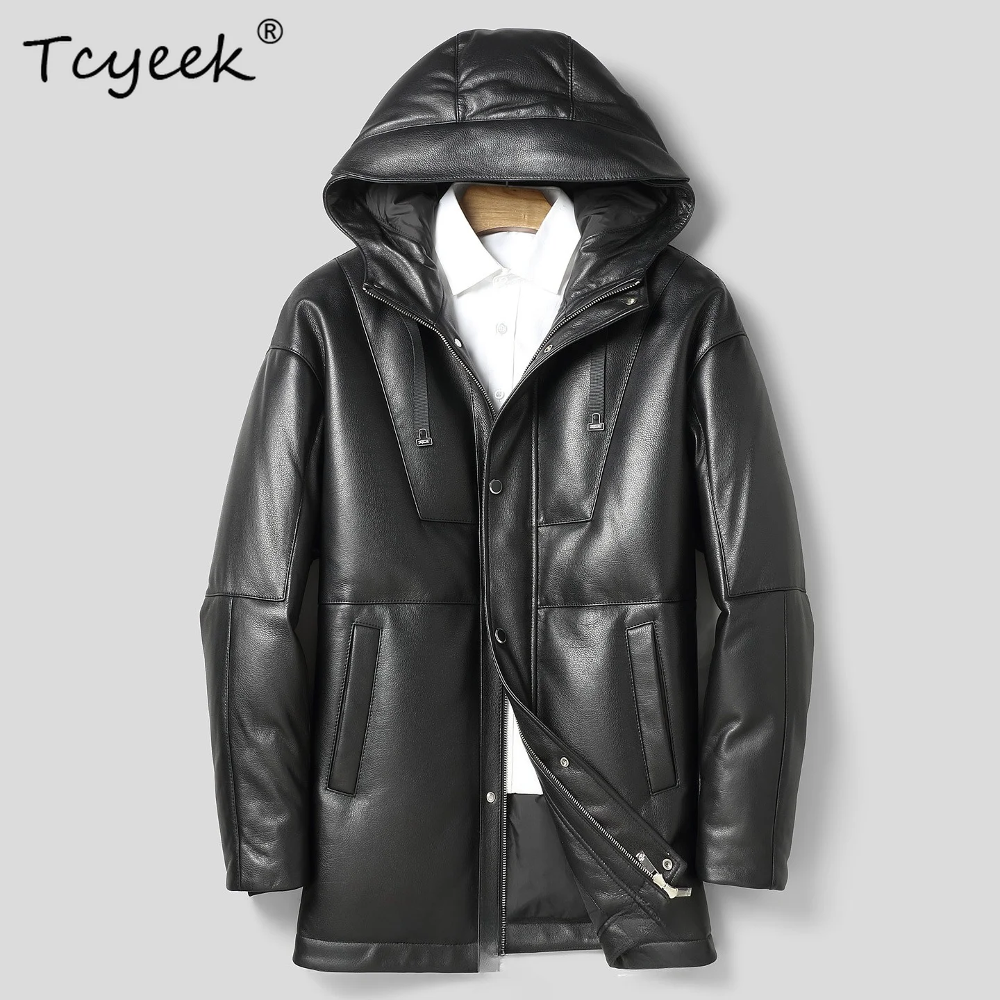 Tcyeek Genuine Sheepskin Jackets for Man White Goose Down Jackets Mid-length Hooded Puffer Jacket Mens Winter Coats 2026 Jaqueta