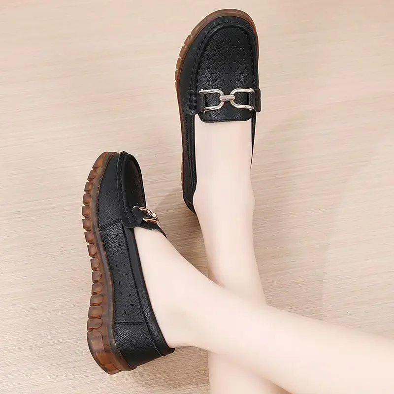 

Genuine Leather Square Toe Low-Cut Shoes Female 2024 New Thick Heel Flat Grandma Moccasins Flat Loafers