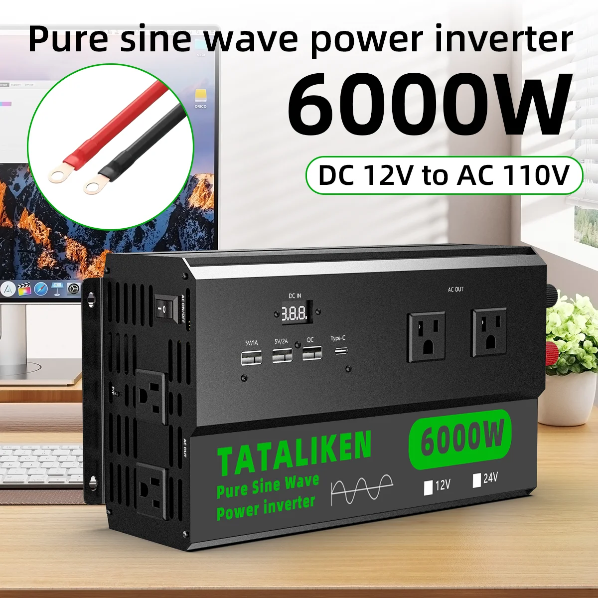 Power Your Home Appliances & Car: 5000W 12V/24V Pure Sine Wave Converter, 4 US Sockets with Display & Cooling Fan