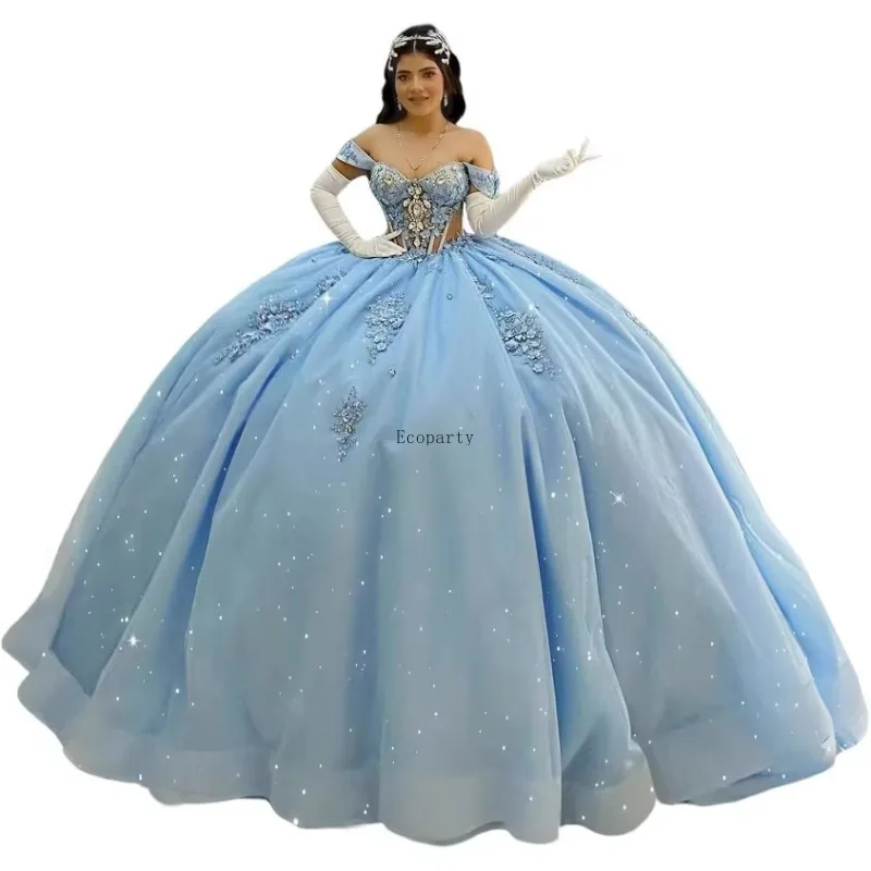 

Glittering Light Blue Quinceanera Dress Off Shoulder Crystal Floral Applique Vestidos Formal Birthday Prom Dress Vestidos Robe