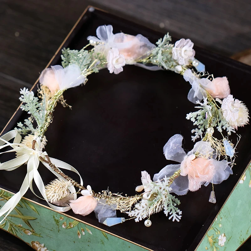 Handmade Artificial Flower Women Girl Princess Crown Headbands Wedding Bridal Fabric Floral Veil Hair Decoration Wreath Garlands