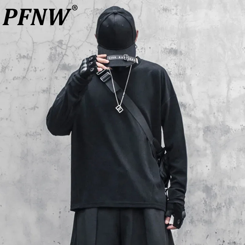 

PFNW Simple Men's T-shirts Solid Color Hem Slit Tops Round Collar Loose Long Sleeve Autumn Male Pullover Tees Dark Style 12C851