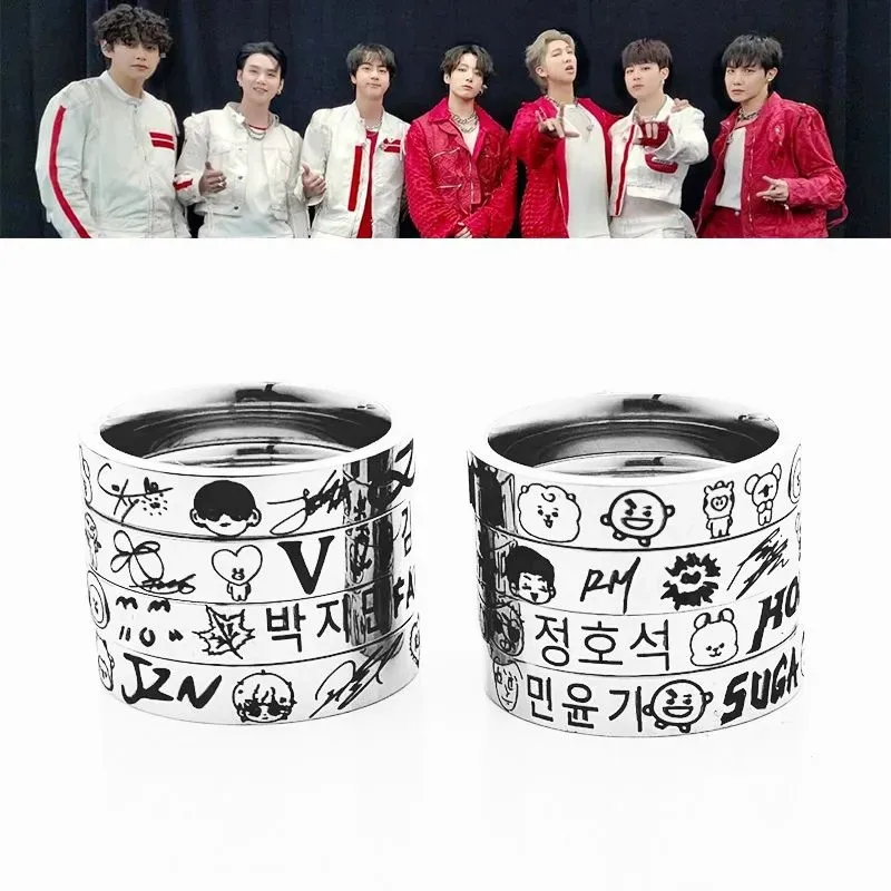 Новинка: Модное стальное кольцо с принтом BTS (RM, Jin, SUGA, J-HOPE, Jimin, V, Jung Kook) – повседневное украшение, коллекционный подарок для фанатов