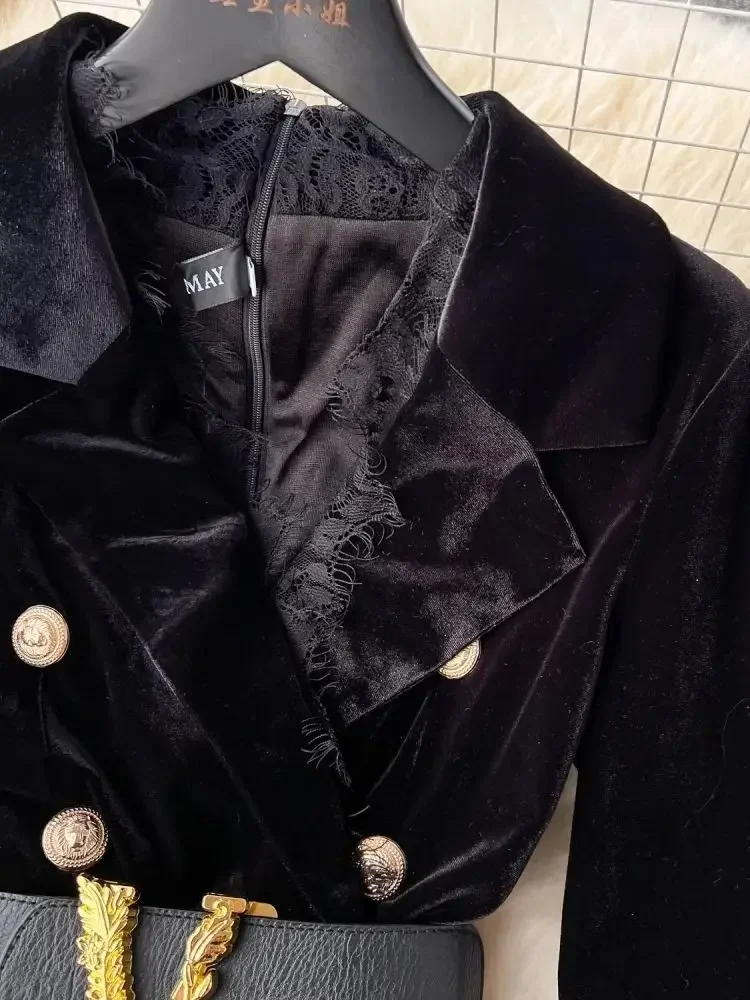 Robe de luxe en velours pour femmes, vêtements crantés, boutons métalliques, lettres fendues, ceinture, velours épais, longue fête, XQ30, automne hiver