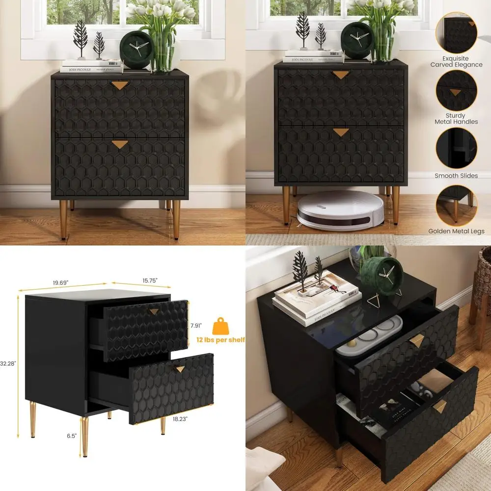 منضدة سوداء حديثة مع درج، طاولة بجانب السرير مصنوعة من الخشب، وخزانة صغيرة أنيقة بلمسة نهائية لامعة