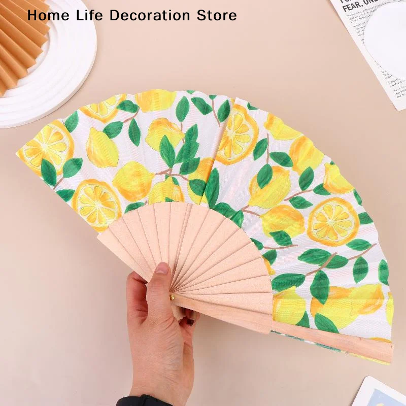 Creative Lemon Print Folding Hand Fan Fruit Pattern Bamboo Handheld Fan For Summer Cooling Dance Performance Wedding Party Decor