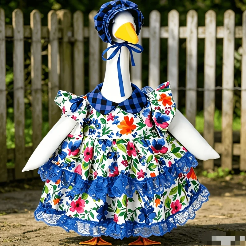 23" Blue Gingham Collar & Lace Trim Dress with Matching Bonnet - Floral Print Porch Goose Costume Suitable for Spring Summer Outdoor Lawn Parties, Easter Egg Hunts, Dress-Up for Role Play & Themed Events view 2