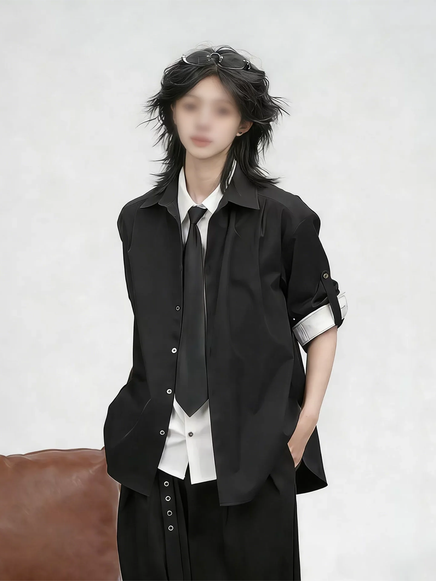 

Black Tie Style Long Sleeve Shirt Men's Spring Autumn 2026 Cuffless Design High End DK Shirt Jacket Loose Fit Casual Wear