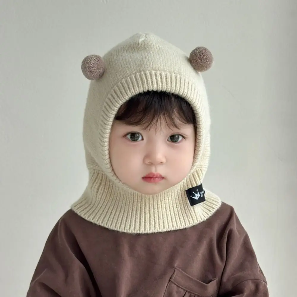 

New Children Baby Scarf Hat Warm Korean One-piece Knitted Cap Boys Girls Double Hairball Ear Protection Caps
